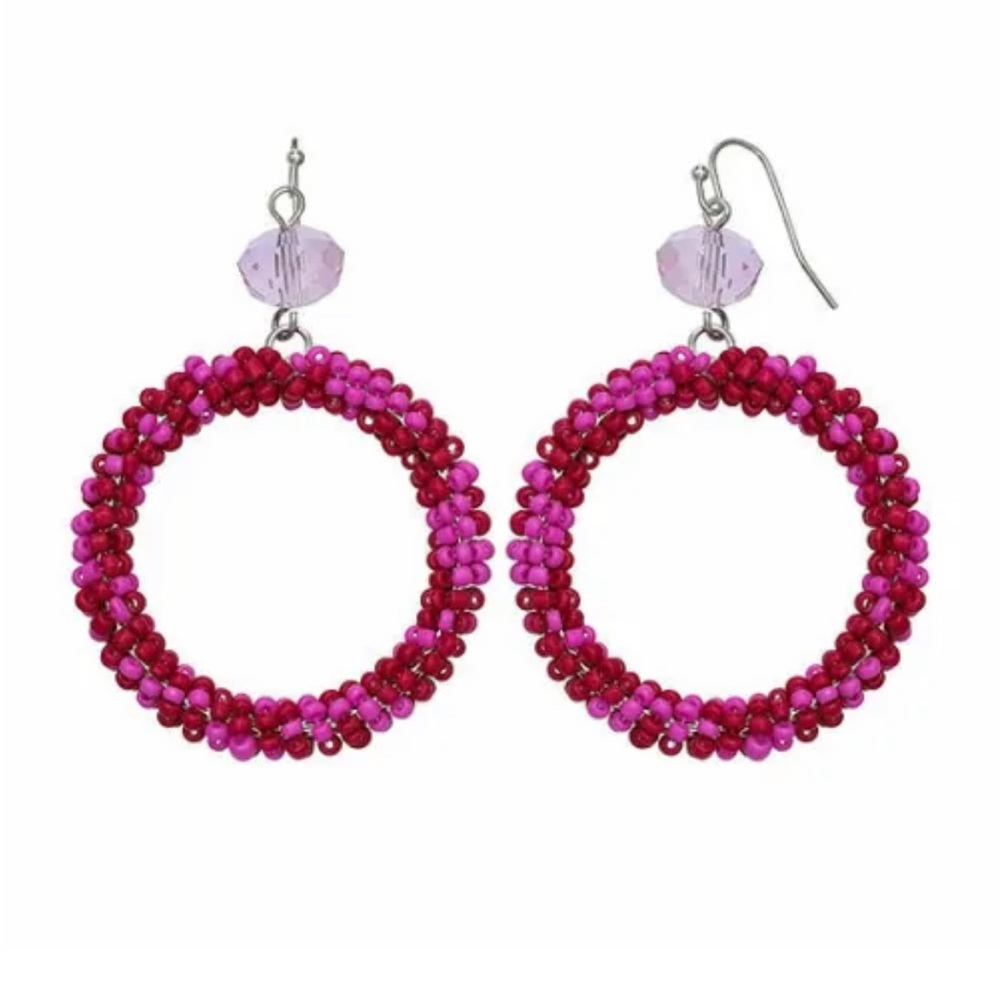 Mixit Womens Drop Hoop Beaded Earrings Pink Glass Silver Tone French Wire Nwt 10$